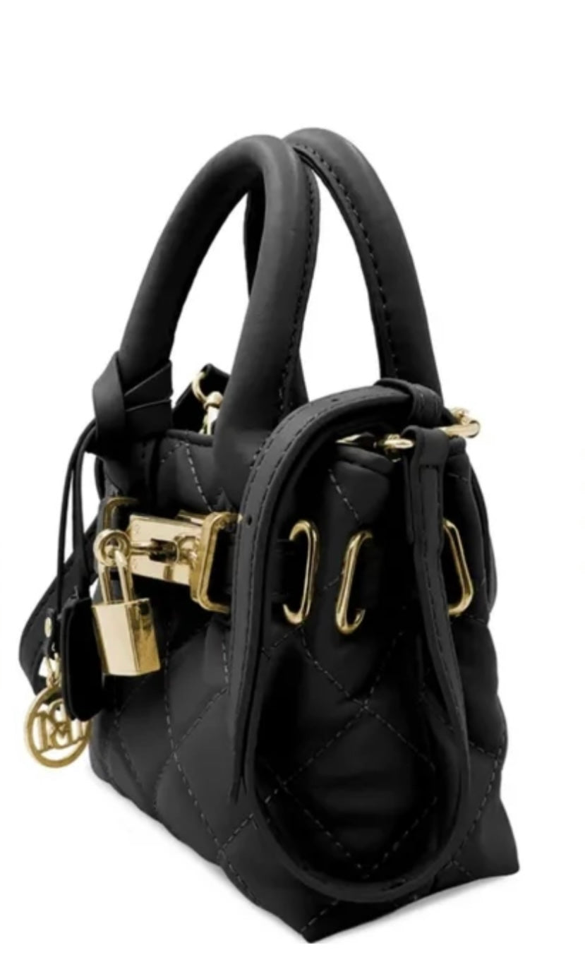 Badgley Mischka Black Quilted Mini Tote with Gold Lock