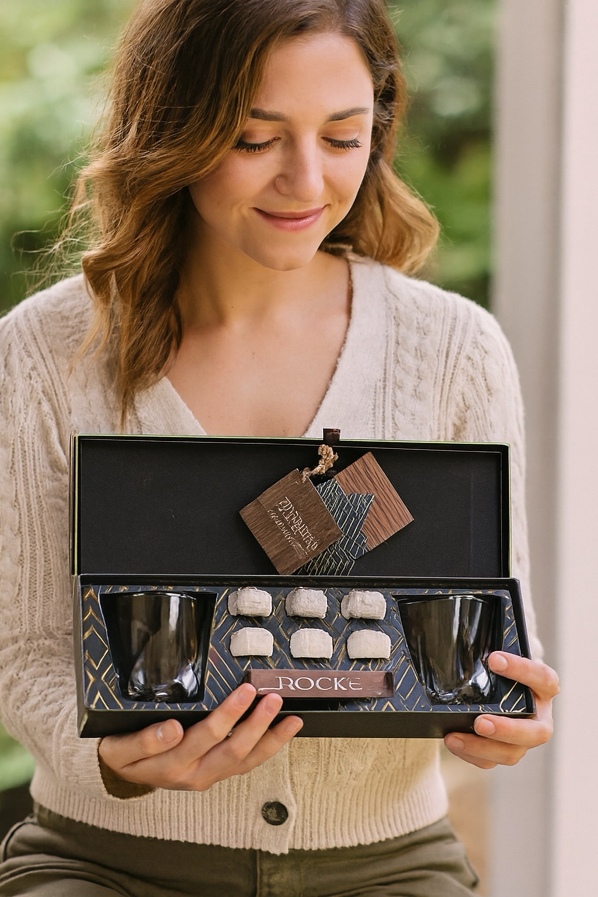 Luxury Whiskey Stones Gift Set – 2 Glasses, Granite Chilling Cubes & Wooden Tongs