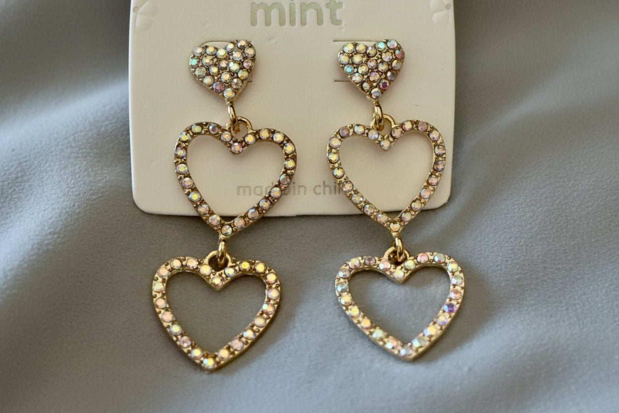 Earrings-Triple Heart Rhinestone Drop – Multiple Colors