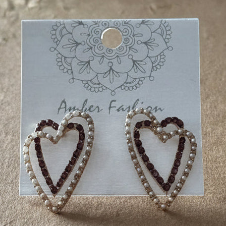 7-Earrings-Pearl & Crystal Double Heart Outline Earrings