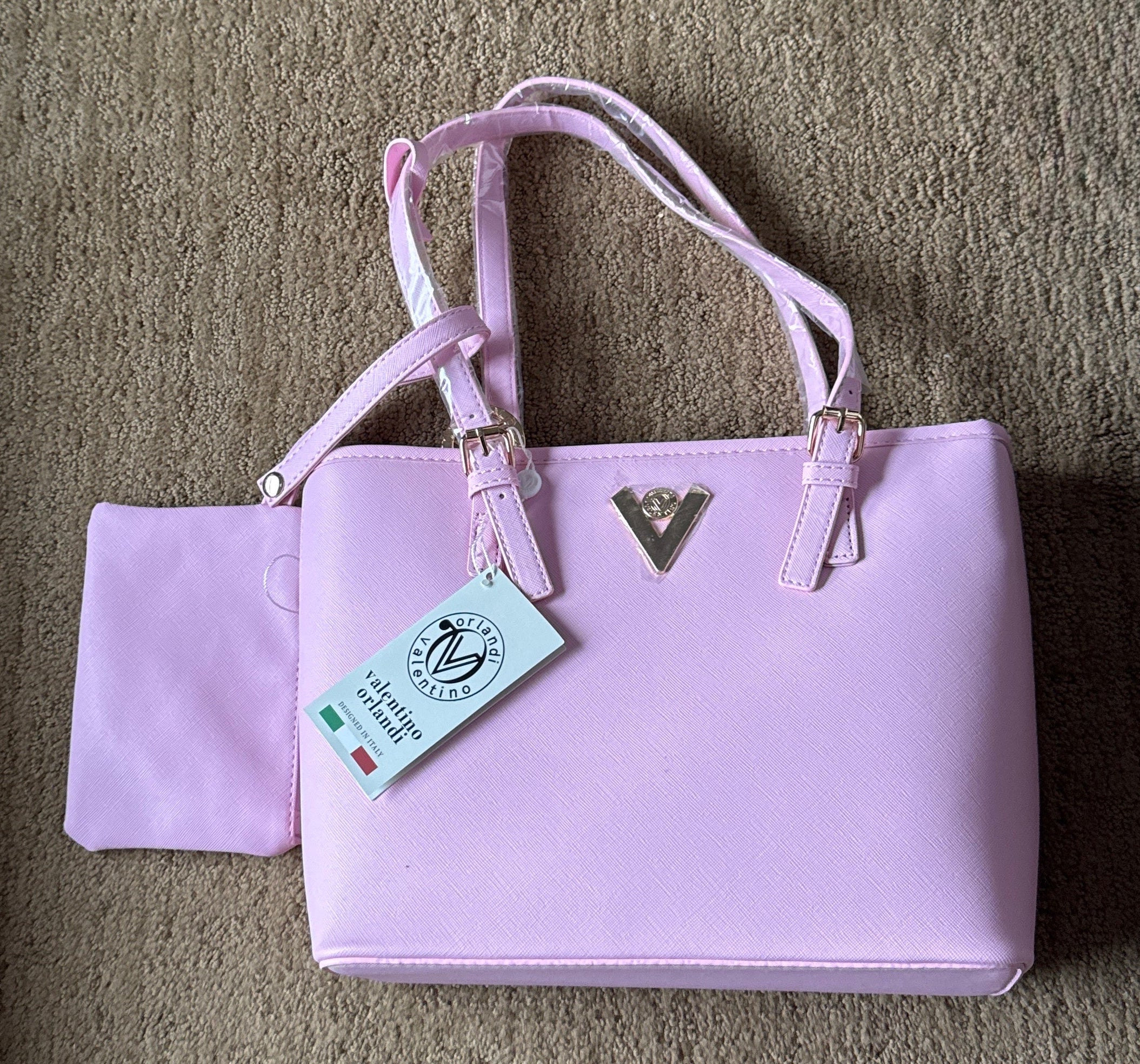 Valentino Orlandi Pink Structured Tote – Gold V Emblem