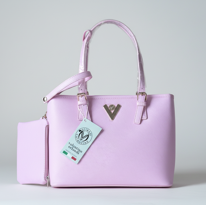 Valentino Orlandi Pink Structured Tote – Gold V Emblem