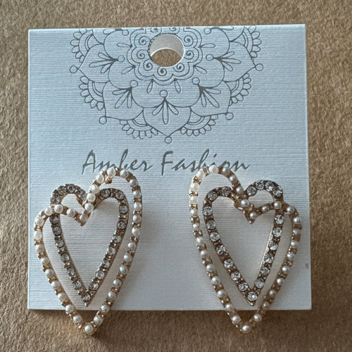 7-Earrings-Pearl & Crystal Double Heart Outline Earrings