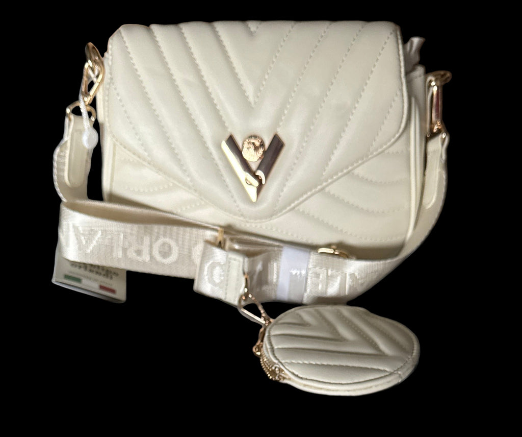 Valentino Orlandi Quilted Vegan Leather Crossbody with Logo Strap & Coin Pouch – Ivory