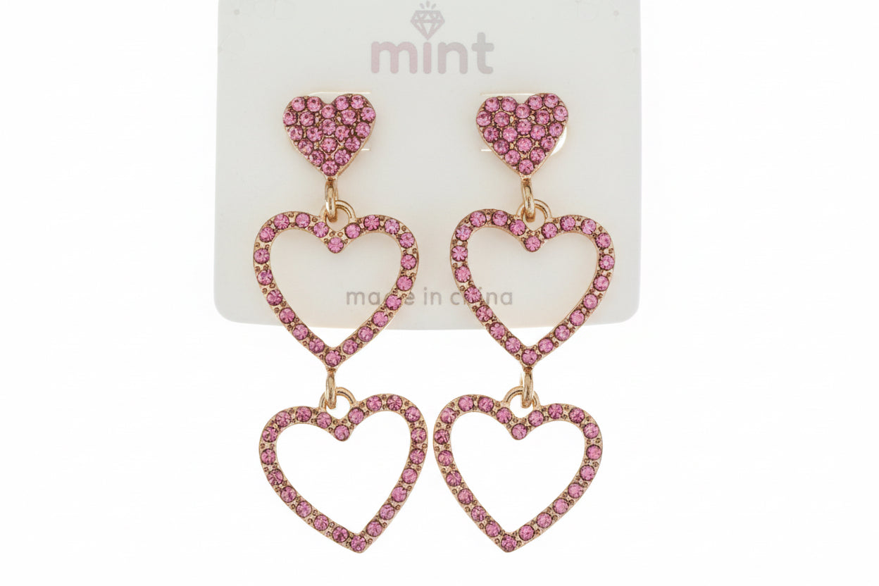 Earrings-Triple Heart Rhinestone Drop – Multiple Colors