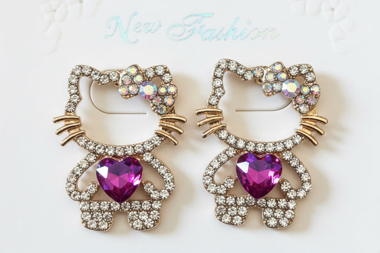 Earrings-HK Crystal Bow Cat Figure Heart Gemstone #V8
