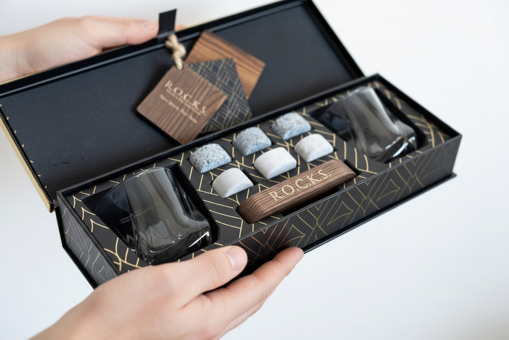 Luxury Whiskey Stones Gift Set – 2 Glasses, Granite Chilling Cubes & Wooden Tongs