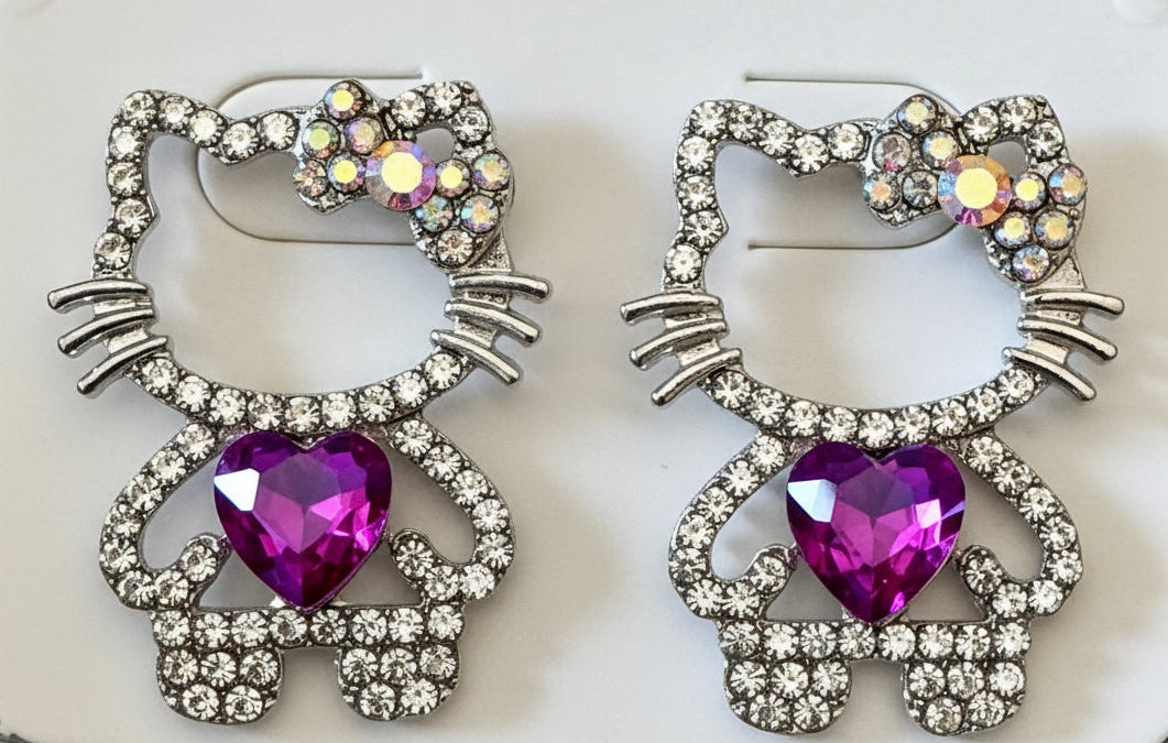 Earrings-HK Crystal Bow Cat Figure Heart Gemstone #V8