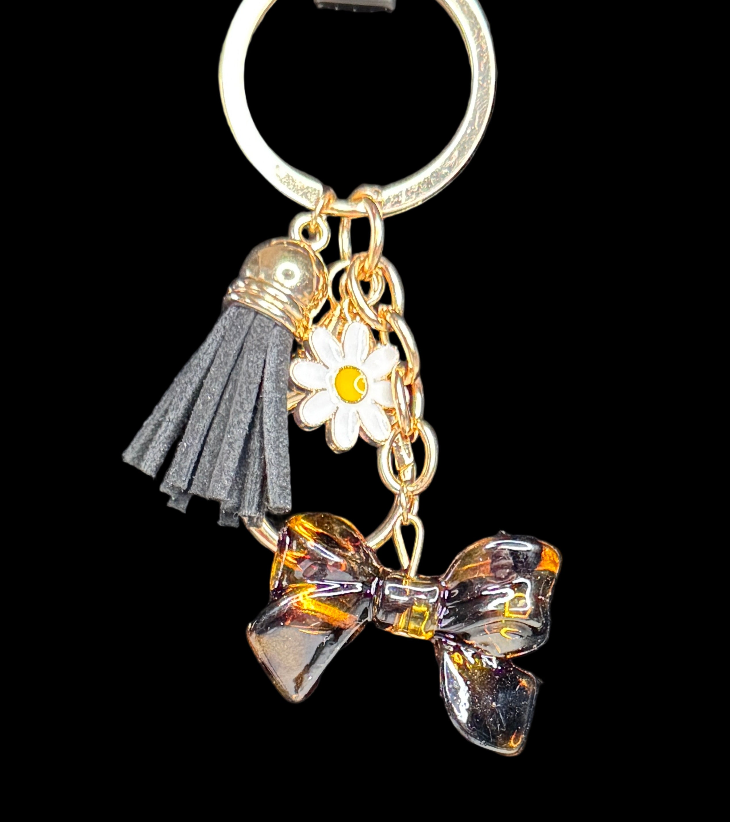 Daisy Bow Charm Keychain – Black Tassel Edition