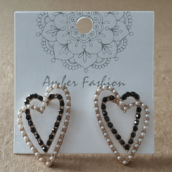 7-Earrings-Pearl & Crystal Double Heart Outline Earrings