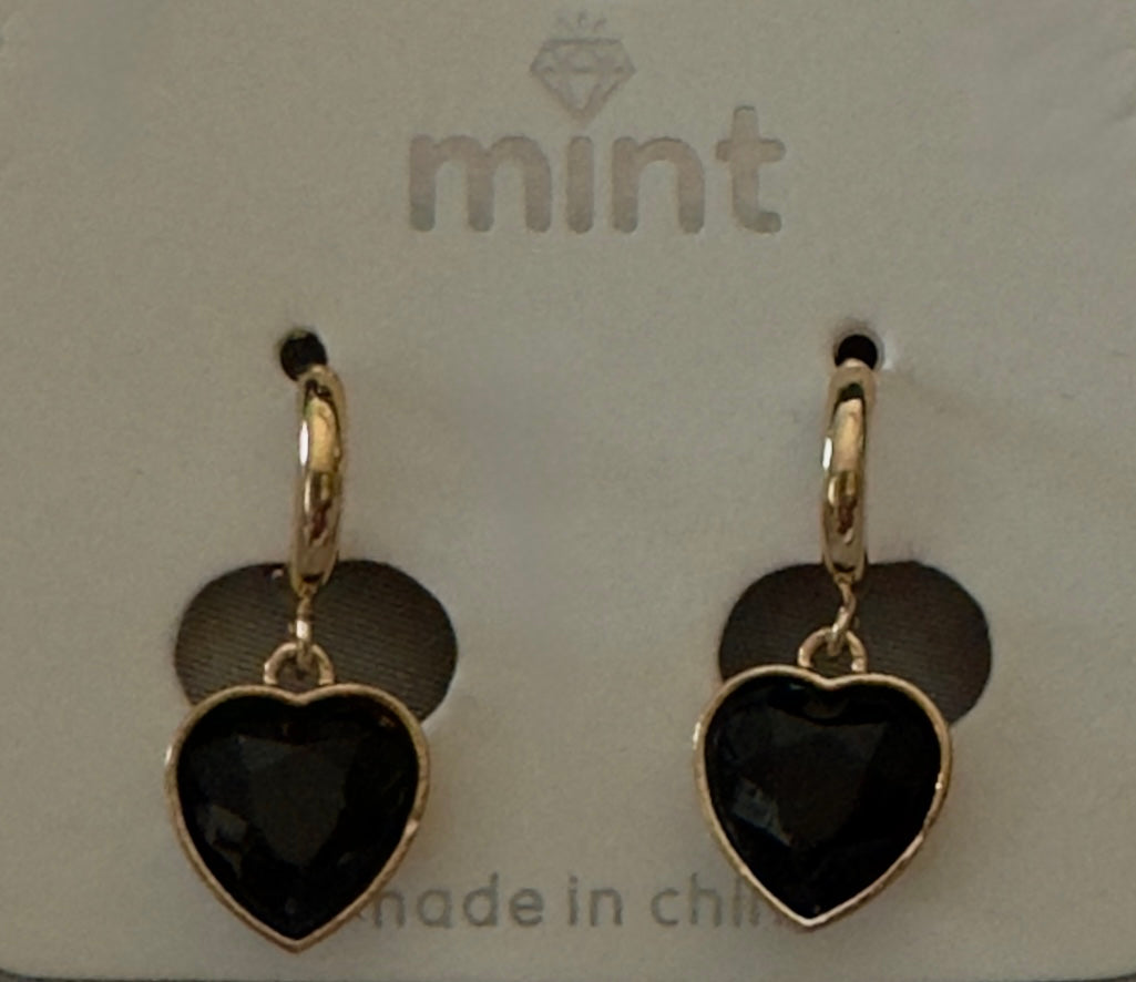 Earrings-Black Heart Charm Mini Hoop — Gold or Silver