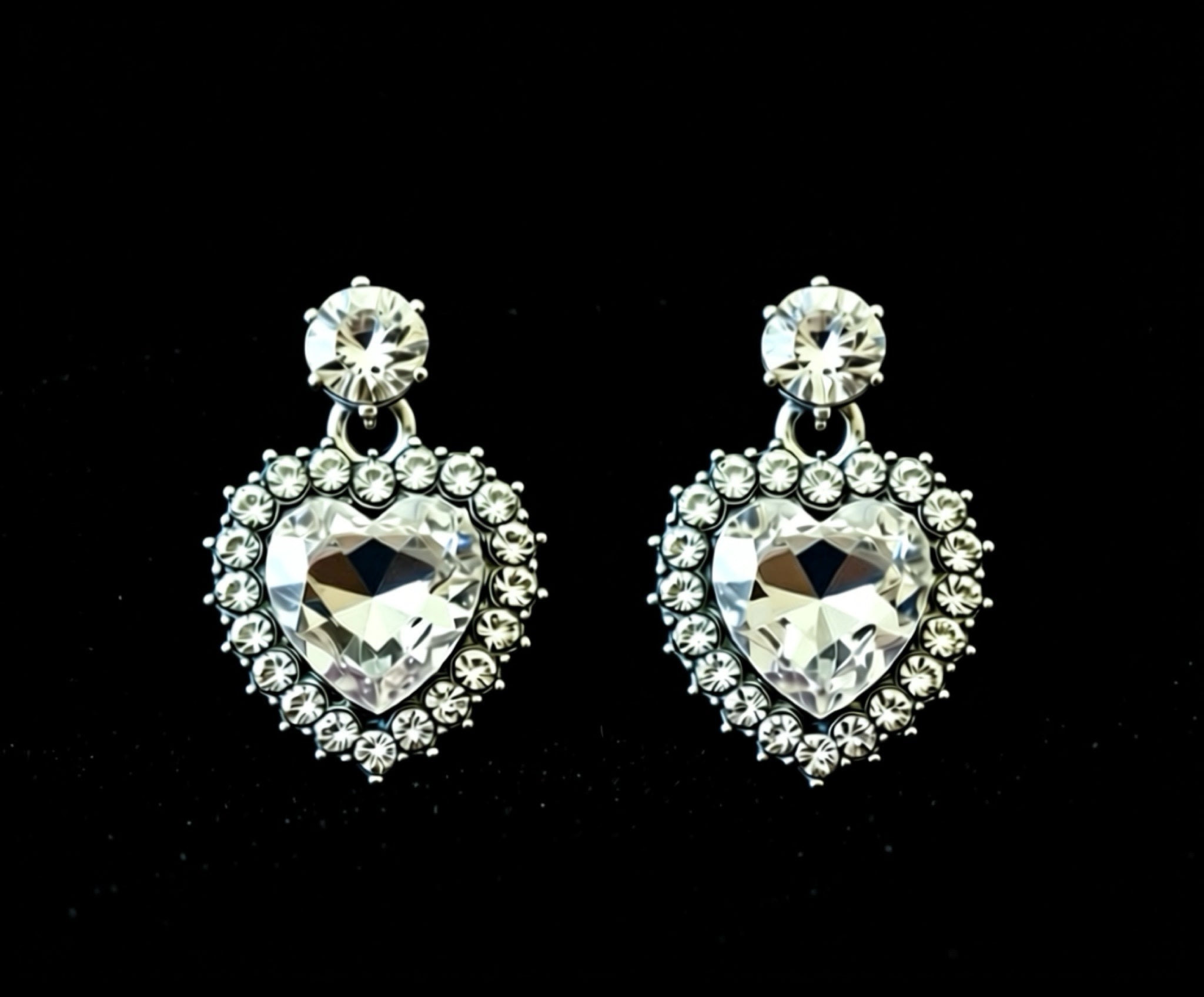 Earrings-Silver-Tone Crystal Heart Statement #V13