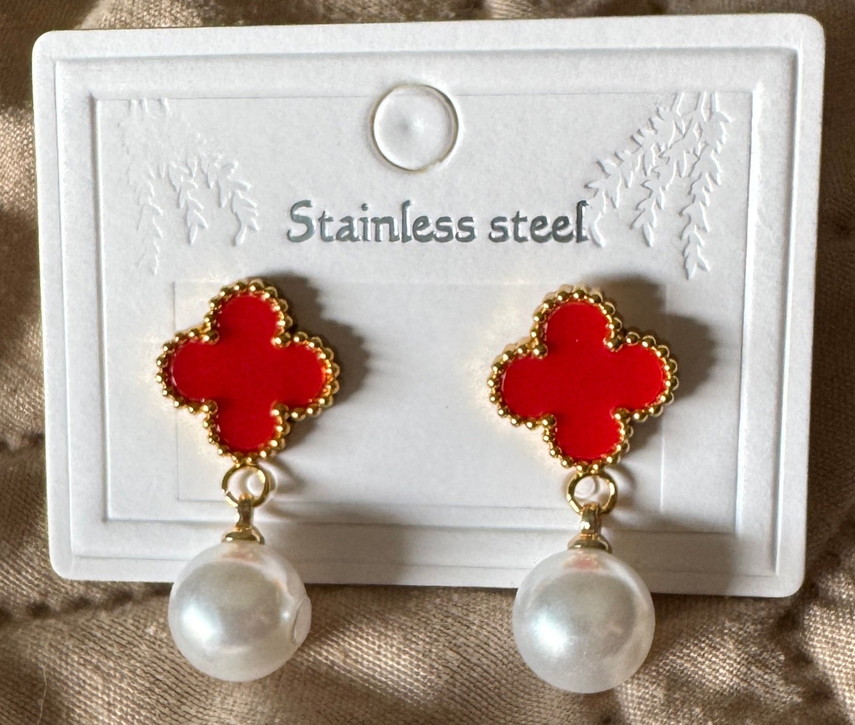 Clover Pearl Drop Earrings – Stainless Steel #1