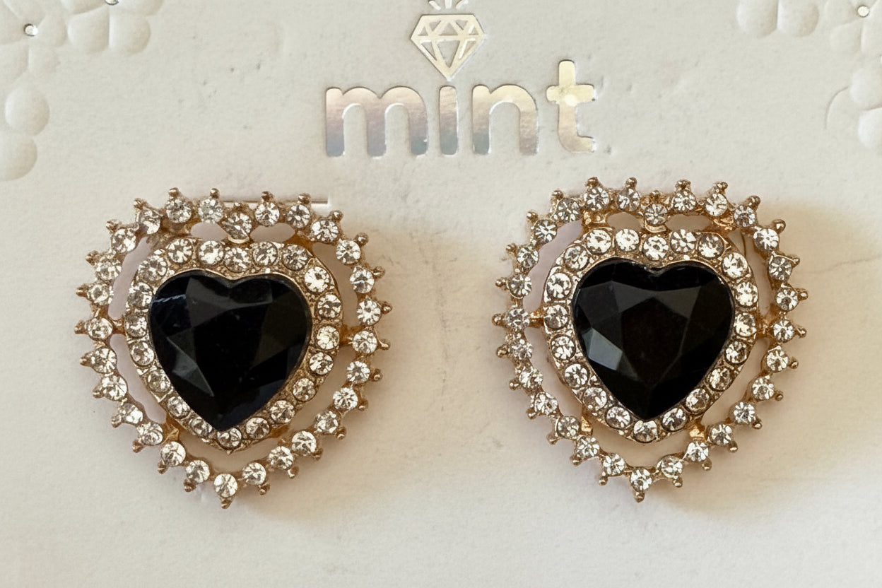 Earrings-Black Heart Halo Rhinestone Stud — Silver or Gold #V6
