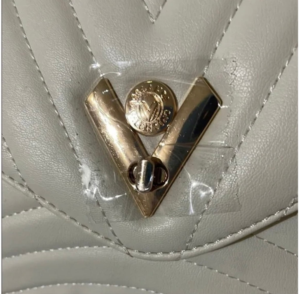 Valentino Orlandi Quilted Vegan Leather Crossbody with Logo Strap & Coin Pouch – Ivory