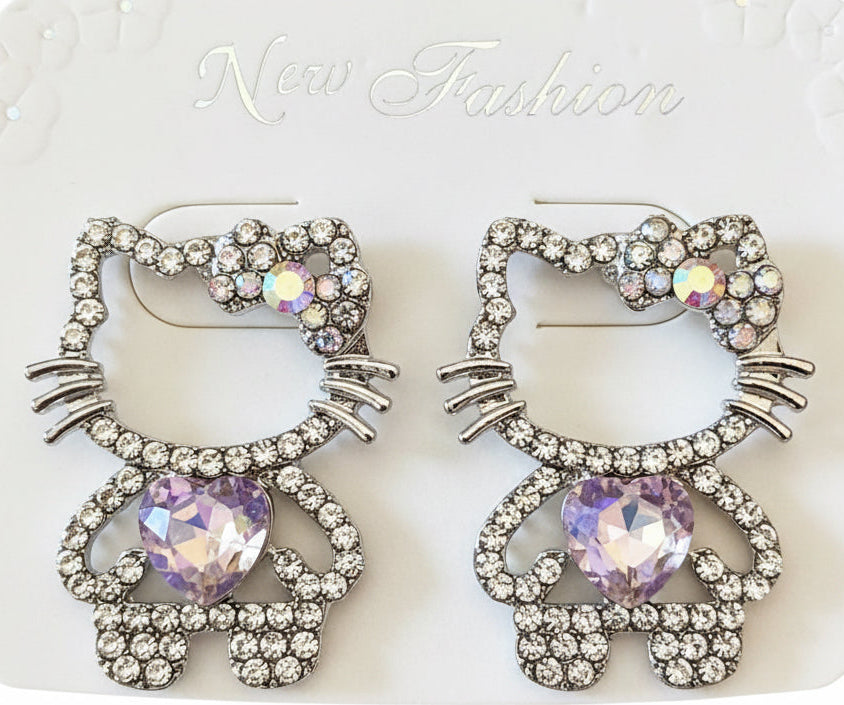 Earrings-HK Crystal Bow Cat Figure Heart Gemstone #V8