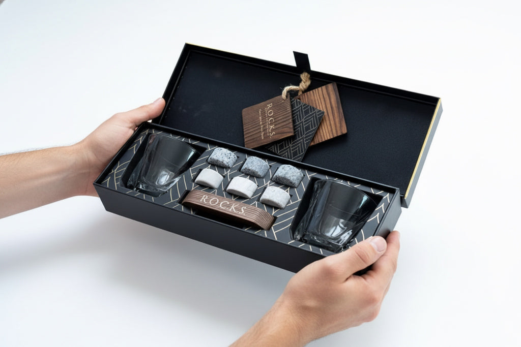 Luxury Whiskey Stones Gift Set – 2 Glasses, Granite Chilling Cubes & Wooden Tongs