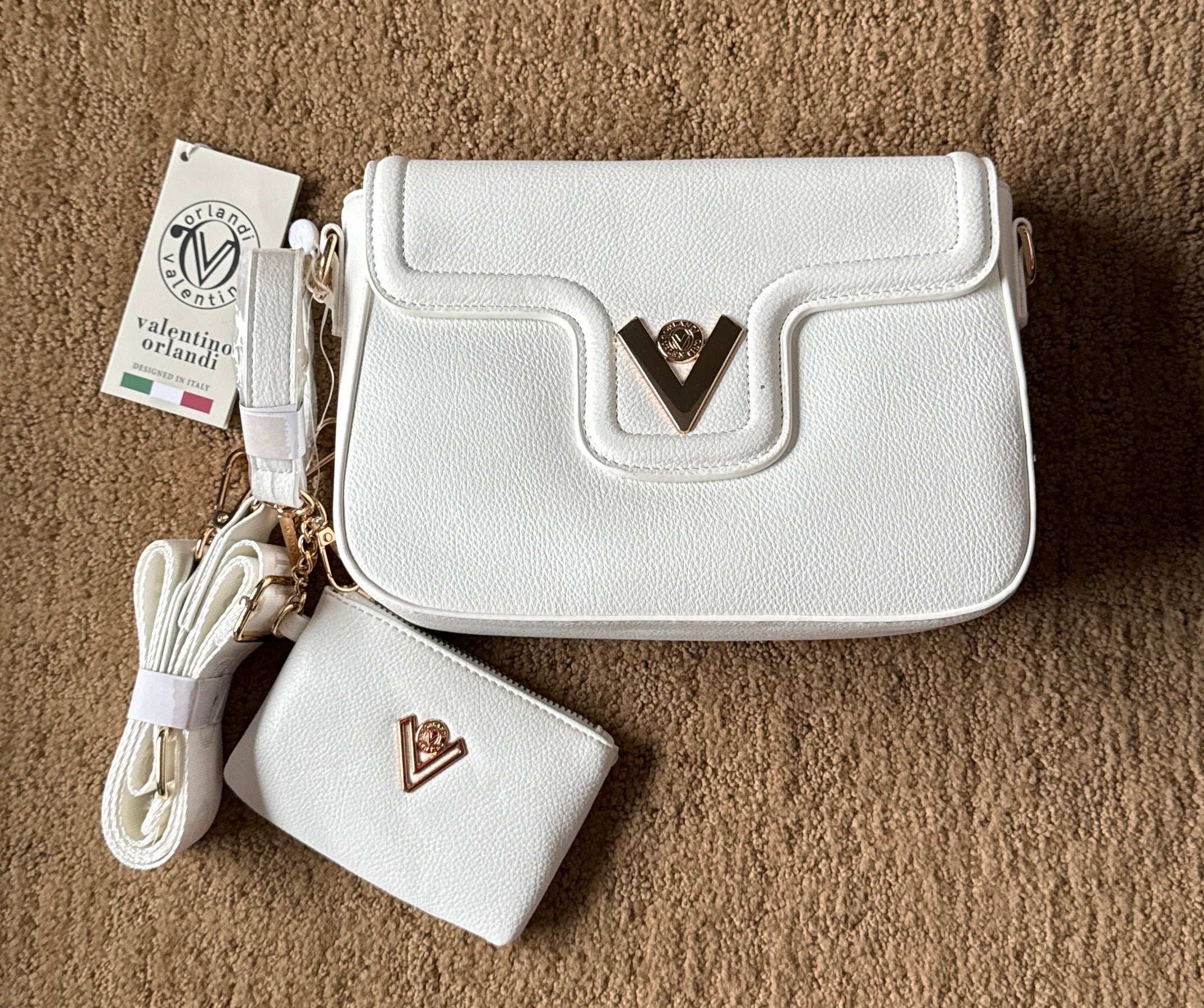 Valentino Orlandi White Crossbody Bag – Gold V Emblem