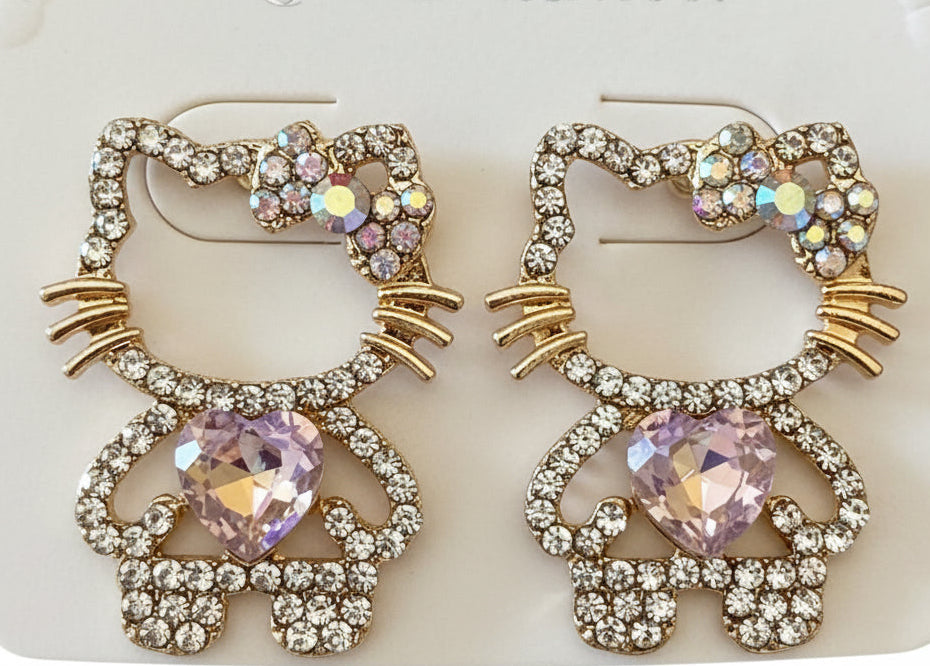 Earrings-HK Crystal Bow Cat Figure Heart Gemstone #V8