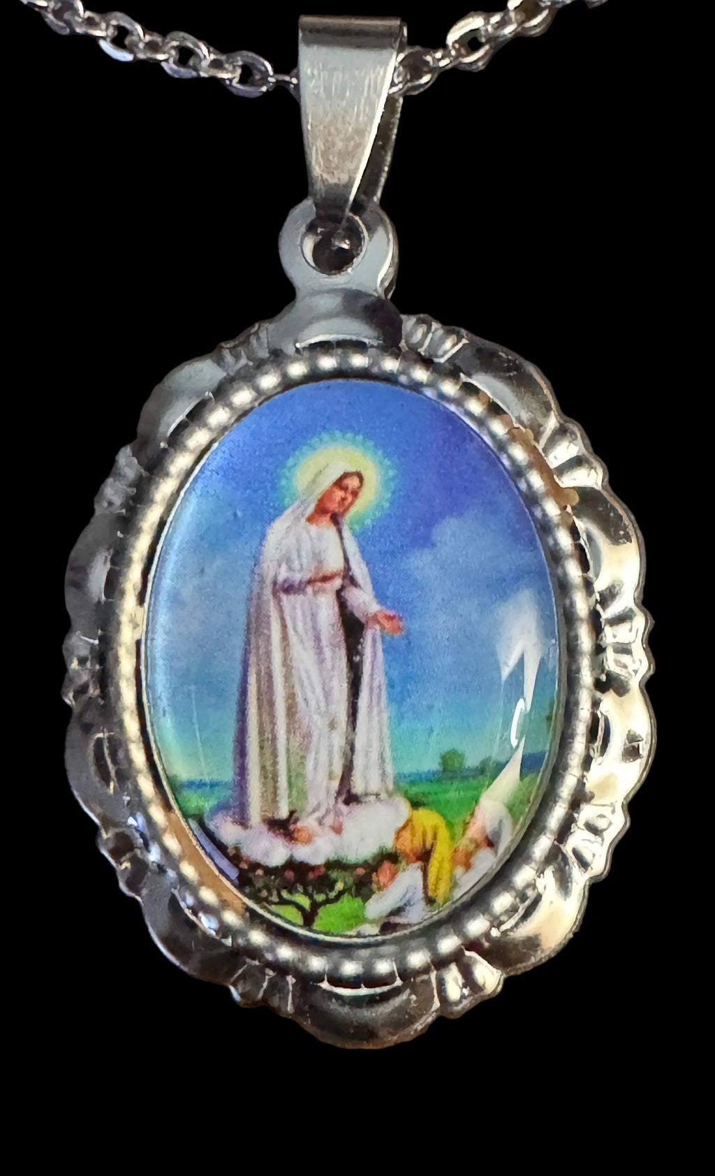 Our Lady of Fatima Oval Pendant Necklace