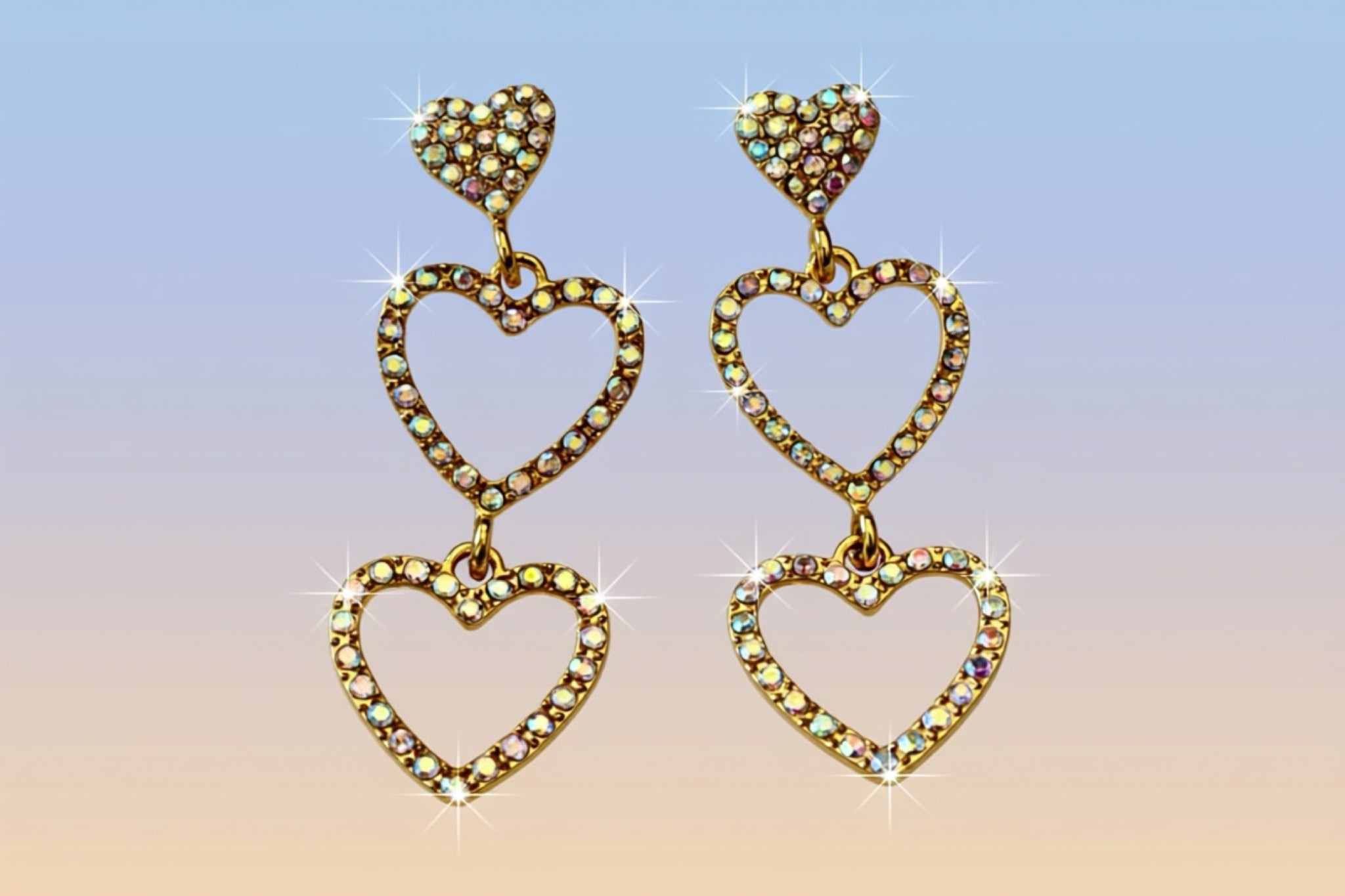 Earrings-Triple Heart Rhinestone Drop – Multiple Colors