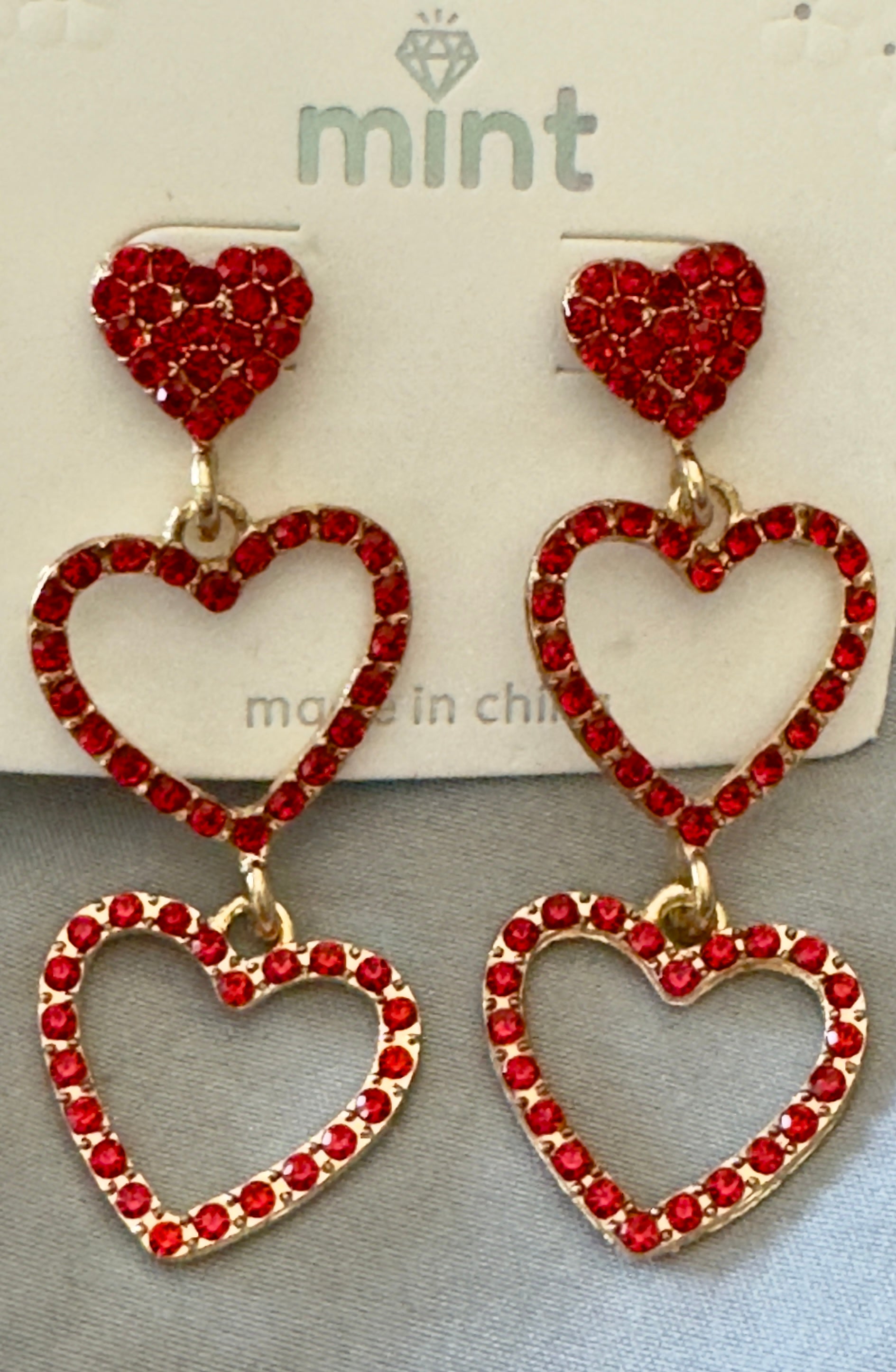 Earrings-Triple Heart Rhinestone Drop – Multiple Colors