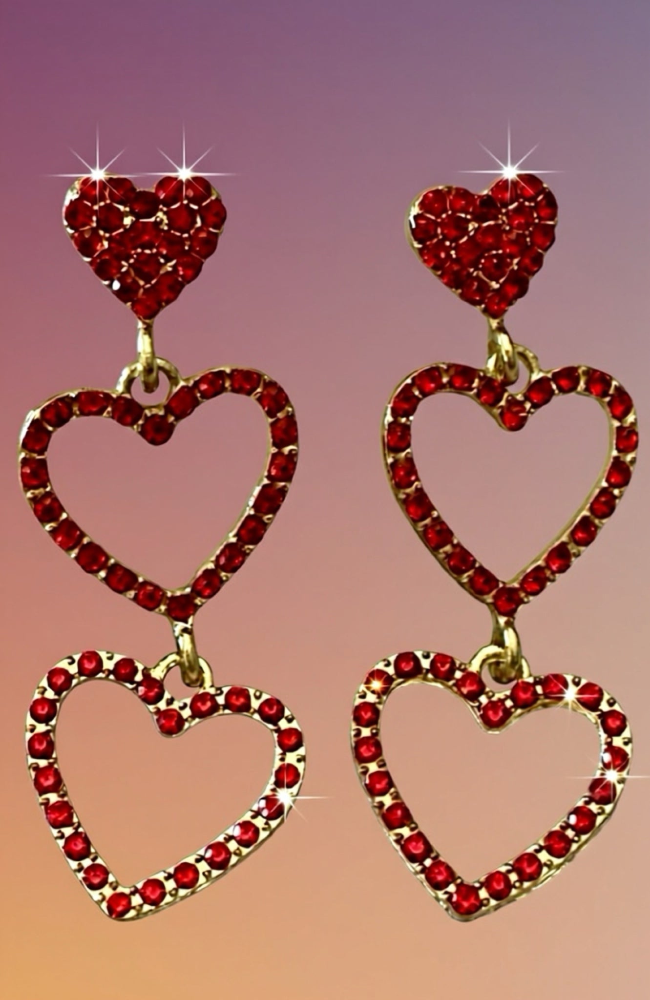 Earrings-Triple Heart Rhinestone Drop – Multiple Colors