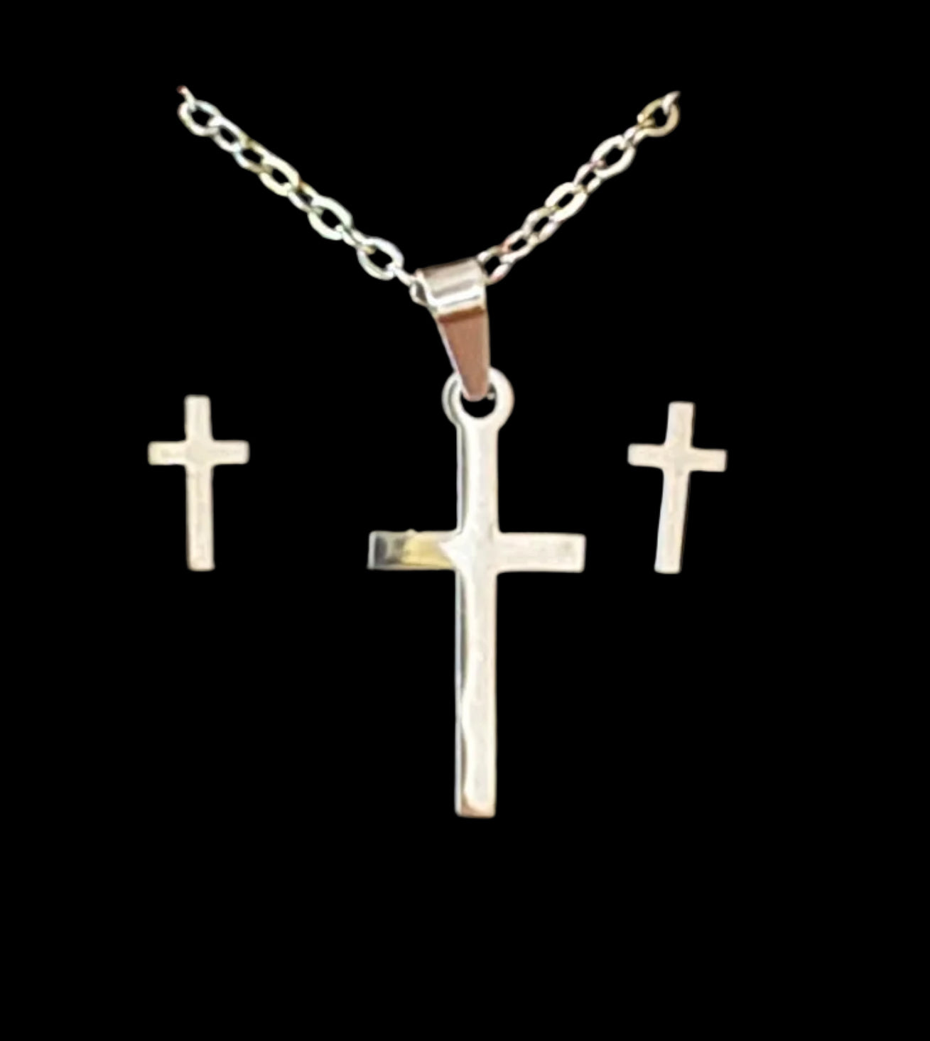 Stainless Steel Cross Necklace & Stud Earrings Set #21