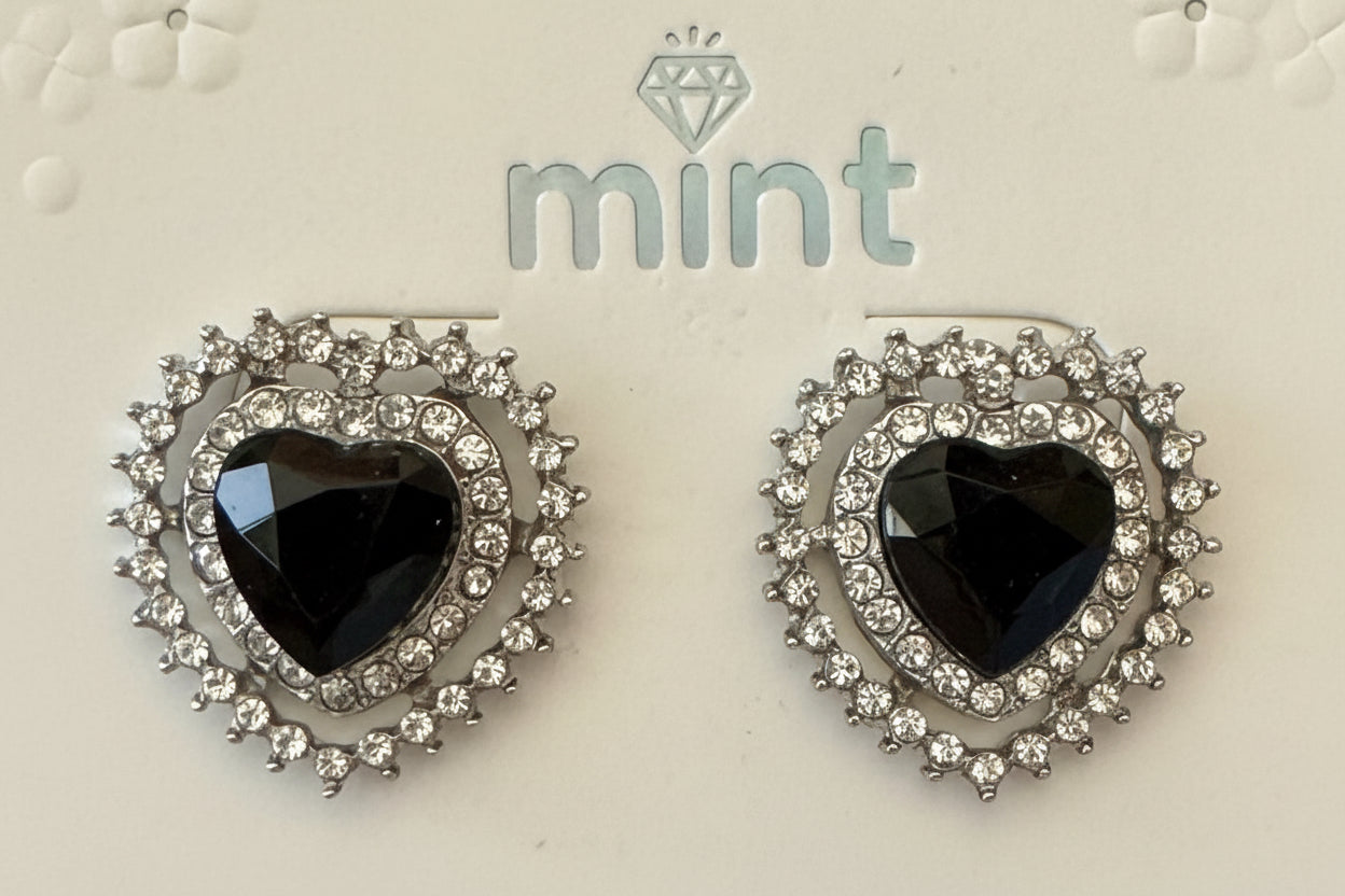 Earrings-Black Heart Halo Rhinestone Stud — Silver or Gold #V6
