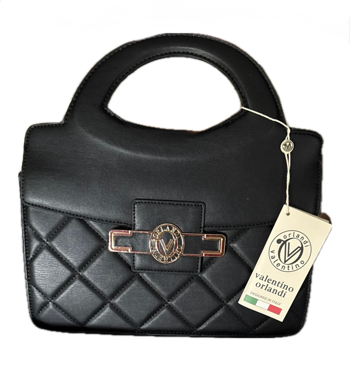 Valentino Orlandi Black Quilted Top-Handle Bag – Gold Crest Emblem-NWT