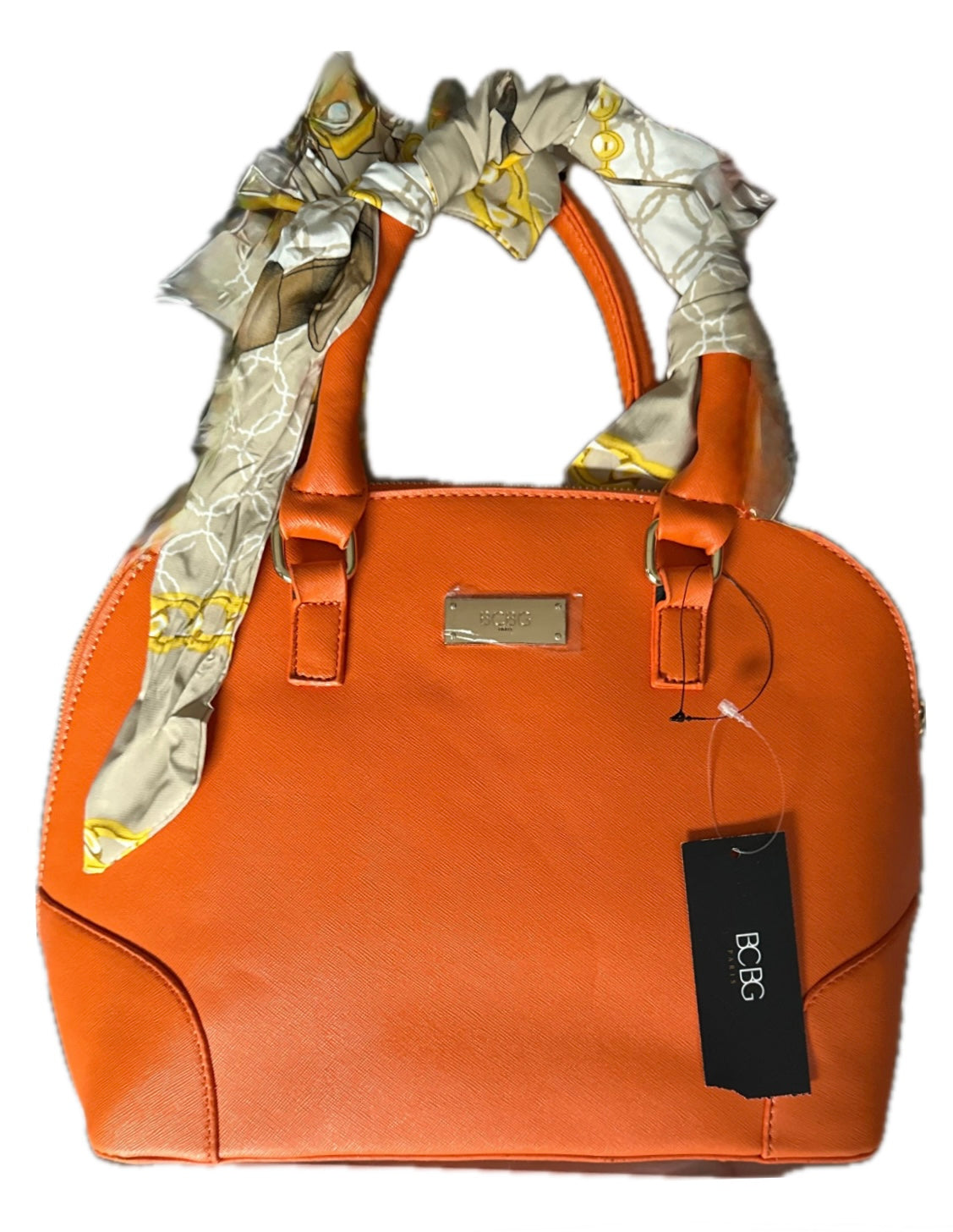 BCBG Orange Structured Dome Satchel with Scarf Handles