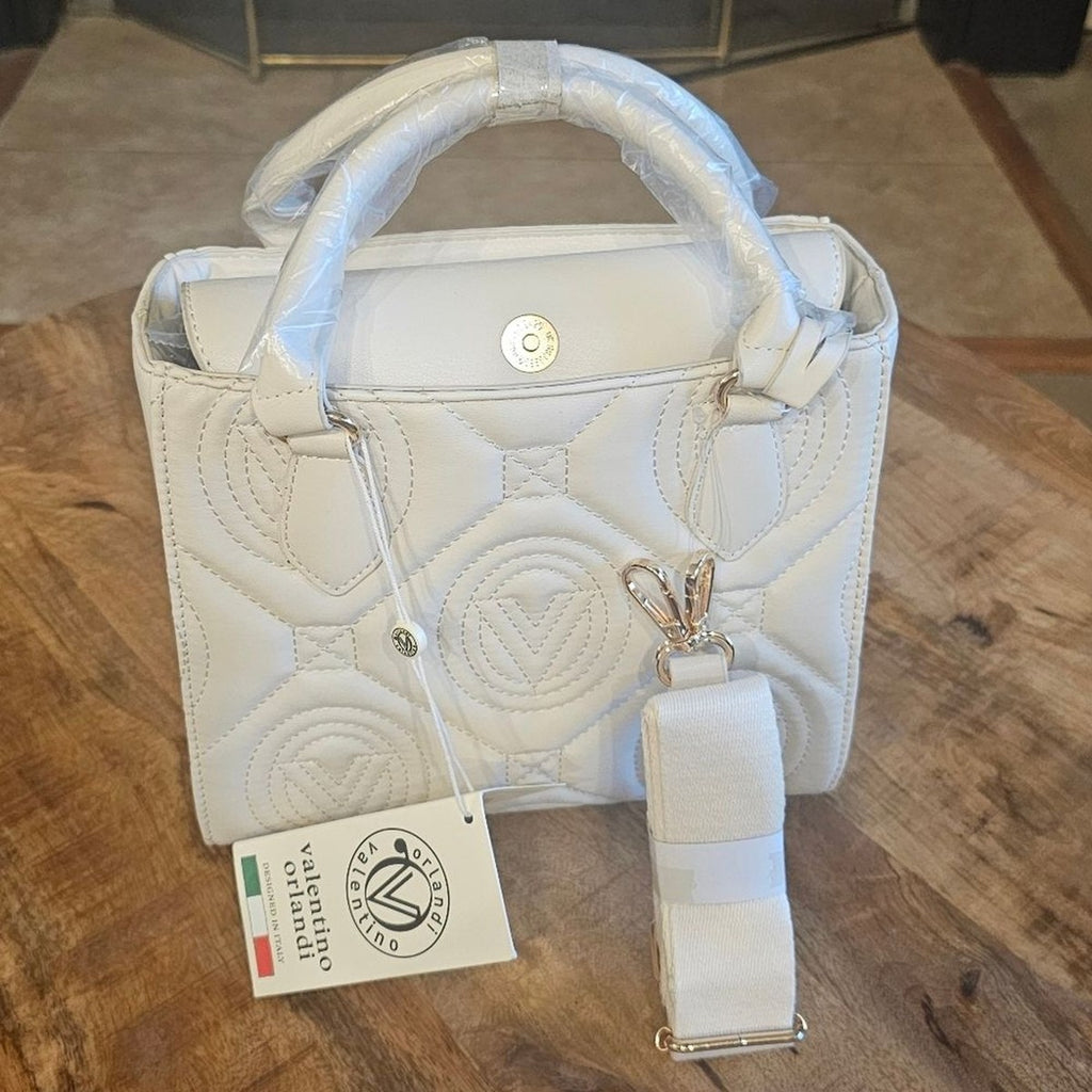 Valentino Orlandi Quilted Vegan Leather Handbag with Logo Strap – Ivory