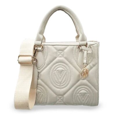 Valentino Orlandi Quilted Vegan Leather Handbag with Logo Strap – Ivory